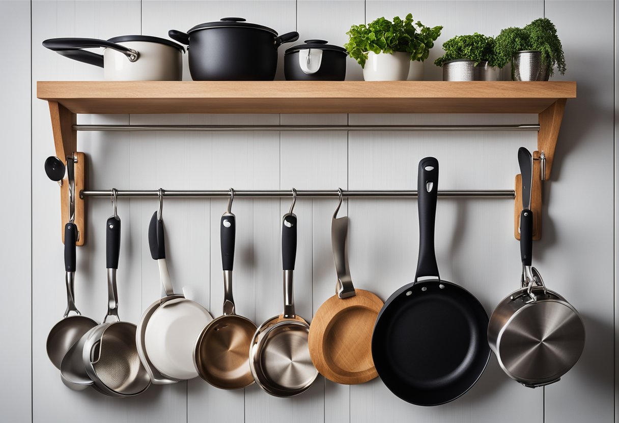 A wooden kitchen rack hangs on the wall, holding pots, pans, and utensils. The design is simple, with clean lines and a natural finish
