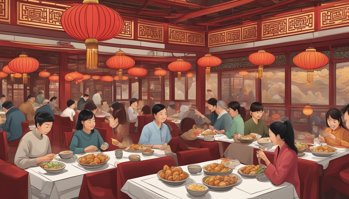 Customers sampling dim sum, noodles, and Peking duck at a bustling Chinese restaurant adorned with traditional red lanterns and ornate dragon motifs