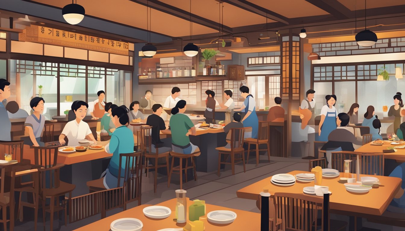 A bustling Korean restaurant with traditional decor, sizzling grills, and steaming hot pots. Customers chat and laugh, while waiters rush between tables