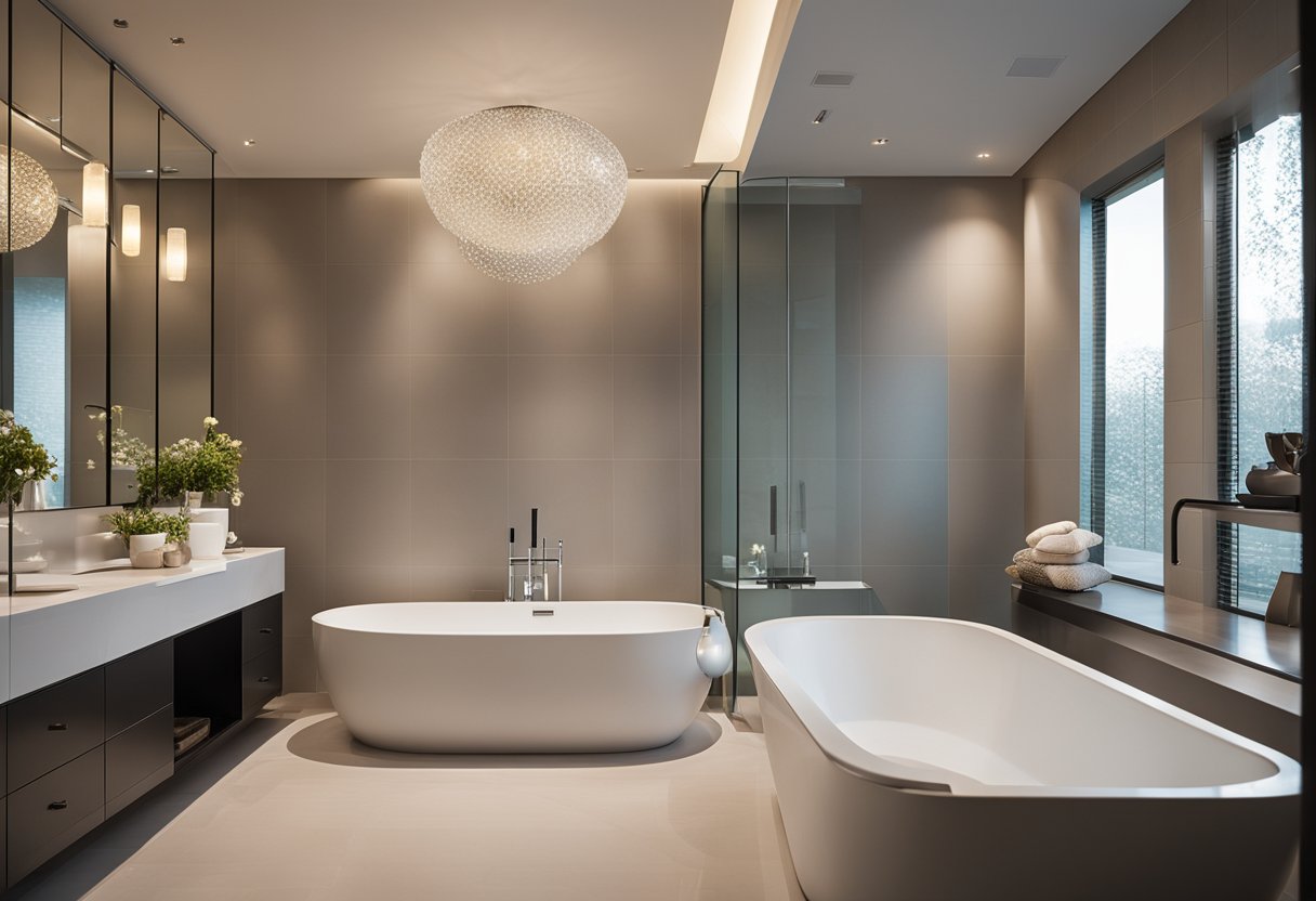 A spacious, modern bathroom with sleek fixtures and a luxurious bathtub. Bright lighting and elegant tile work complete the beautiful renovation