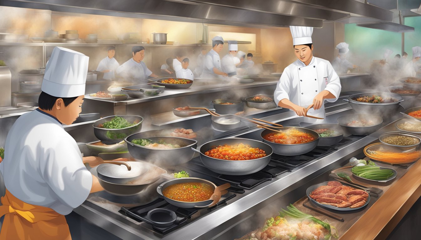 A busy kitchen at Sodam's Korean restaurant, steam rising from sizzling pans, colorful ingredients being chopped and mixed, the air filled with the aroma of sizzling meats and savory spices