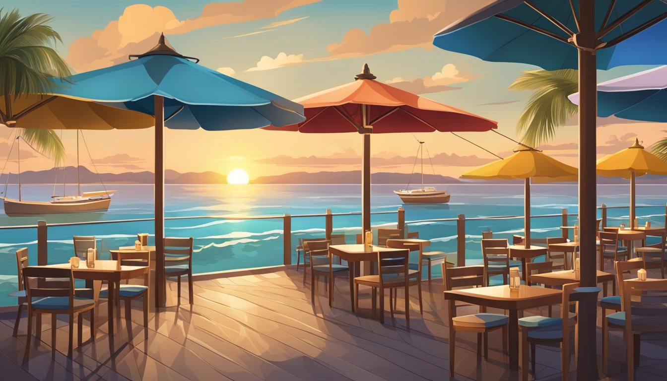A beachfront restaurant with colorful umbrellas, wooden tables, and fresh seafood dishes. The sun sets over the calm sea, creating a tranquil and inviting atmosphere