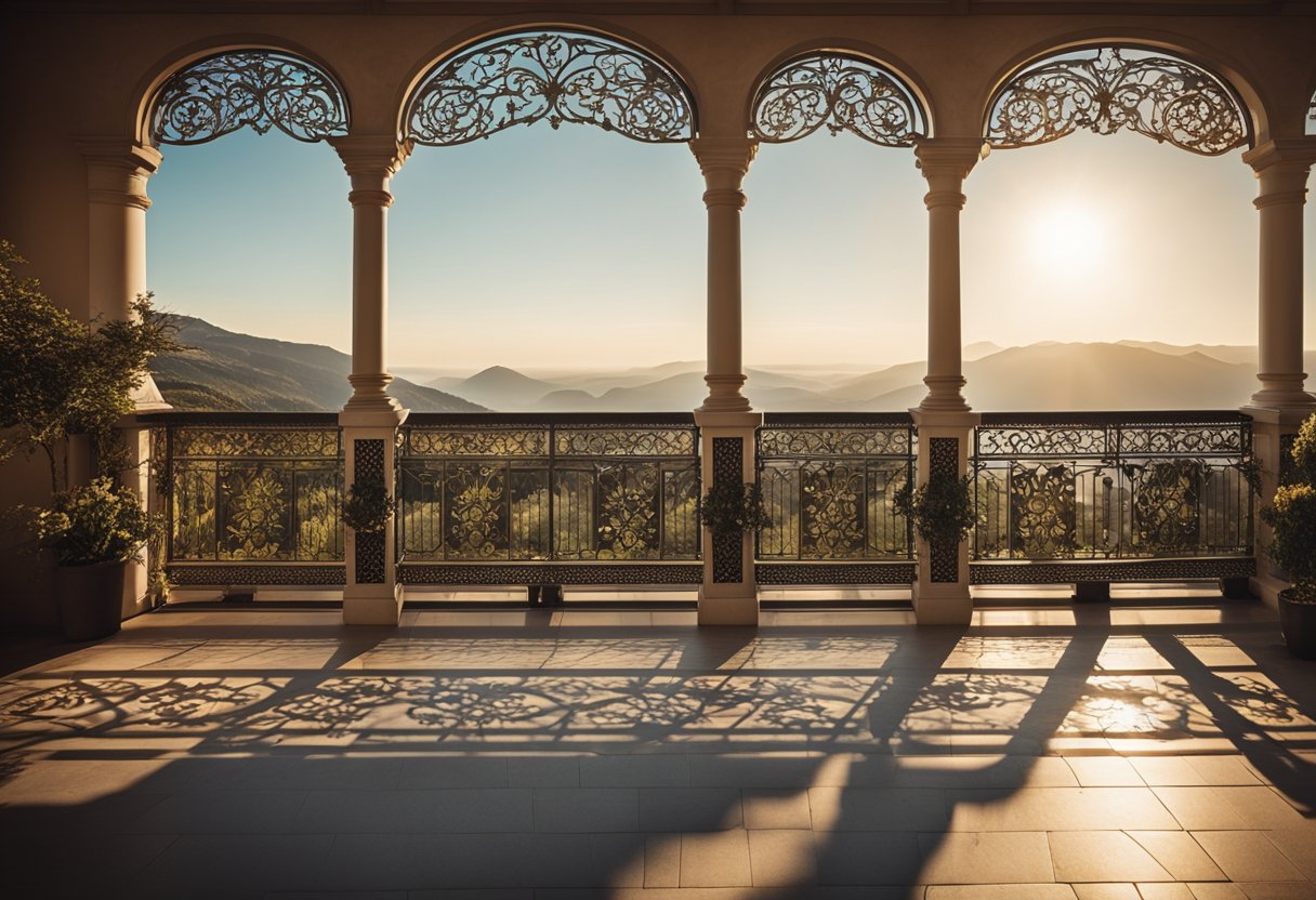 An extended balcony with intricate railings overlooks a scenic landscape. The design features ornate details and spacious seating areas