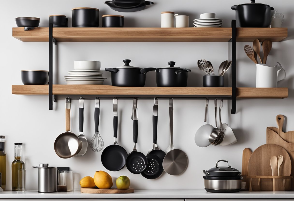 A wooden kitchen rack stands against a white wall, showcasing its sleek and modern design. Shelves hold various kitchen items, while hooks and compartments offer additional storage options