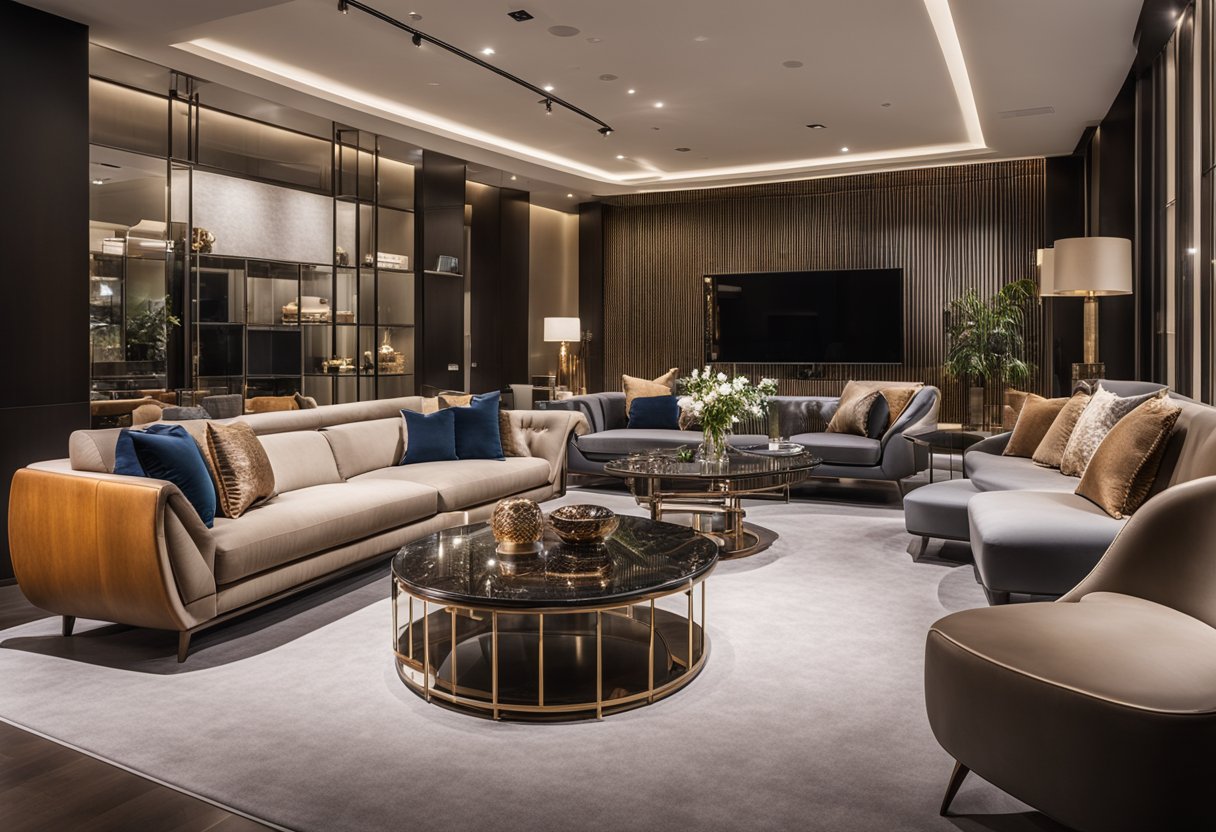 Luxurious furniture displayed in a sleek showroom with modern designs and elegant finishes