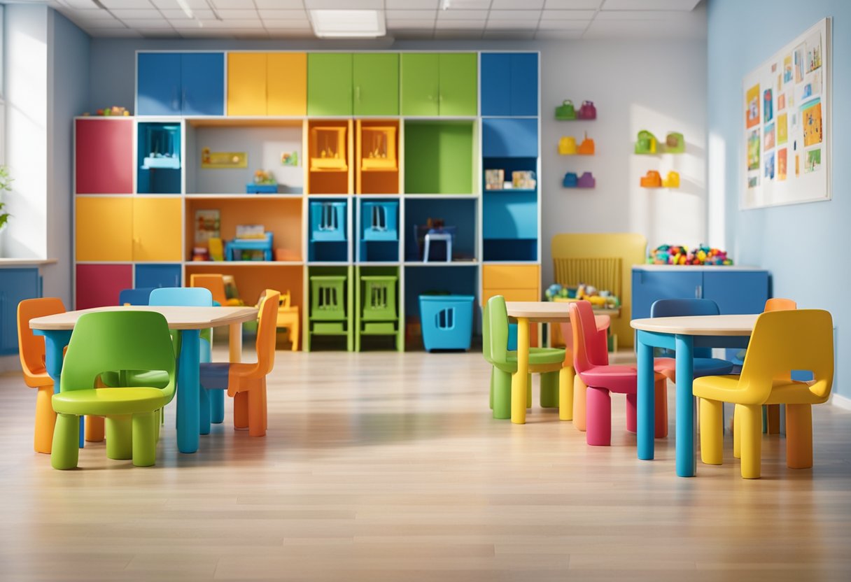 Brightly colored childcare furniture arranged in a spacious, well-lit room. Small chairs, tables, and shelves fill the space, creating a welcoming and organized environment for young children