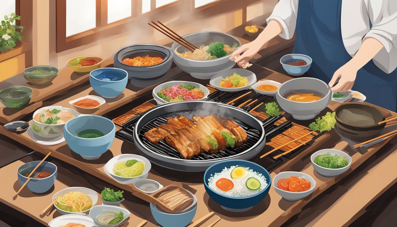 A table set with colorful dishes and chopsticks at Sodam Sodam Korean restaurant. Steam rises from a sizzling grill as patrons enjoy their meal