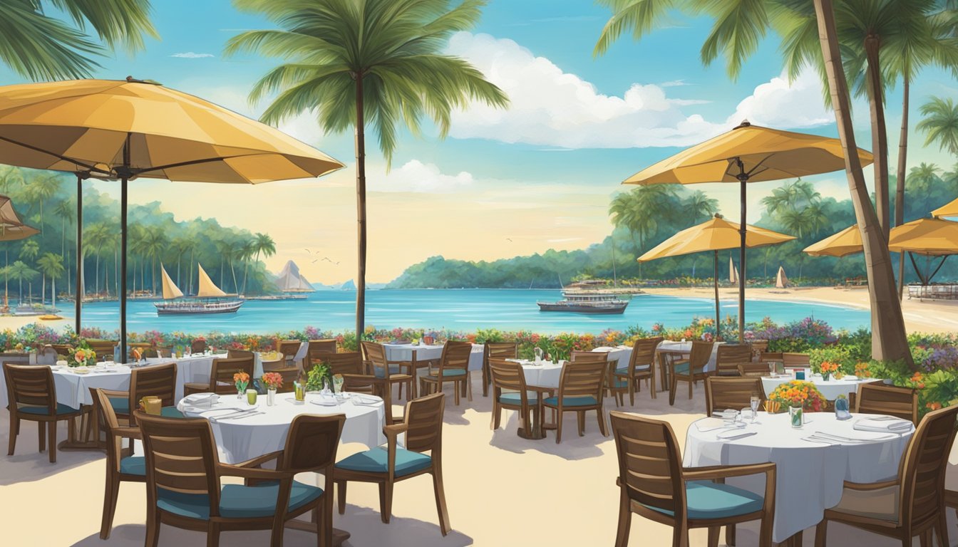 The beach restaurant at Sentosa is nestled among palm trees with a panoramic view of the ocean. Tables and chairs are set up on the sand, while colorful umbrellas provide shade for guests