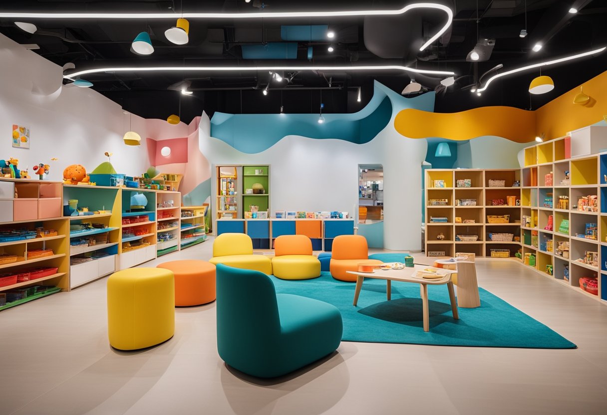A colorful and inviting childcare furniture showroom in Singapore with various play areas, comfortable seating, and educational displays