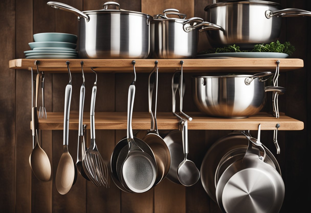 A wooden kitchen rack holds pots, pans, and utensils. Hooks and shelves provide storage for various cooking accessories