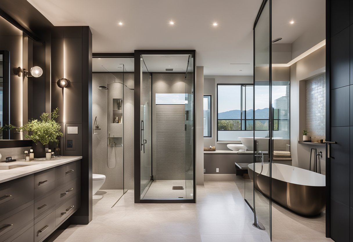 A sleek, modern bathroom with a spacious shower, elegant bathtub, and stylish vanity. Bright lighting and luxurious fixtures create a welcoming atmosphere