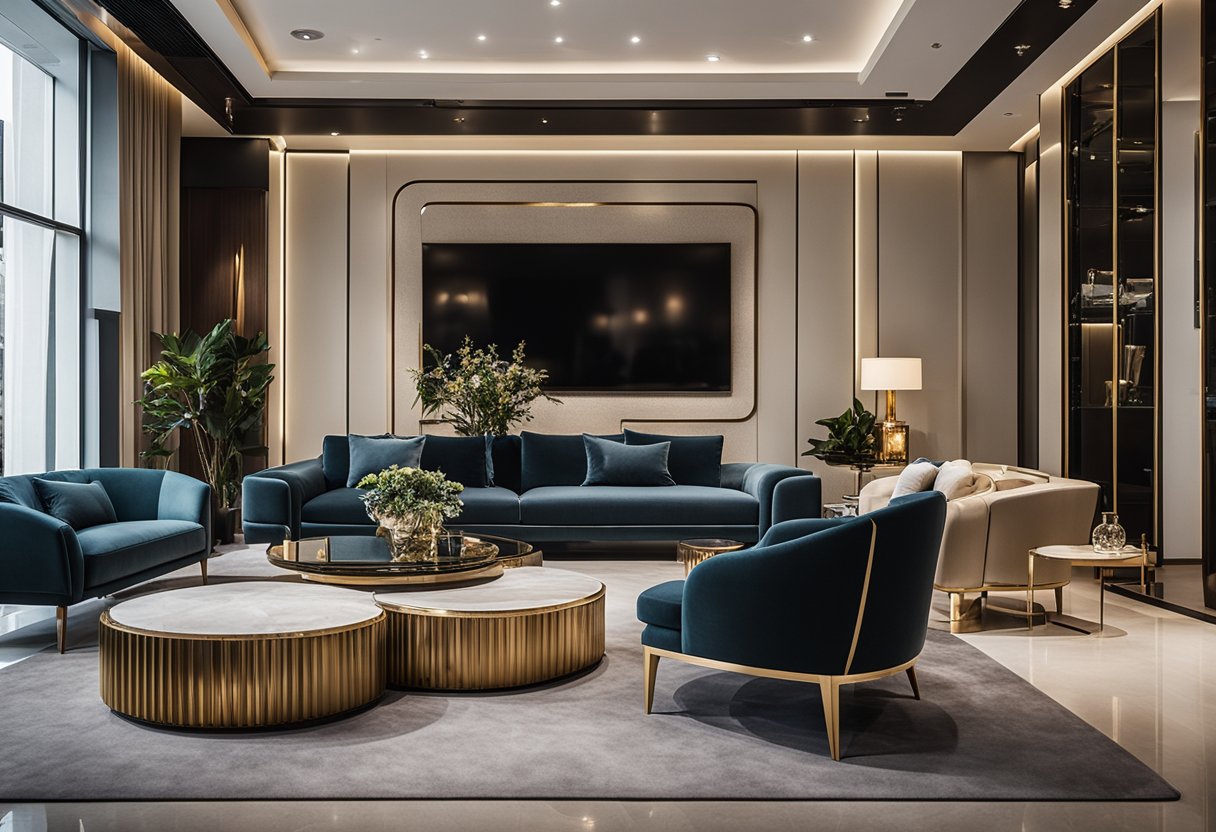A showroom filled with luxurious furniture, sleek designs, and opulent materials, showcasing the pinnacle of Singapore's high-end furniture brands