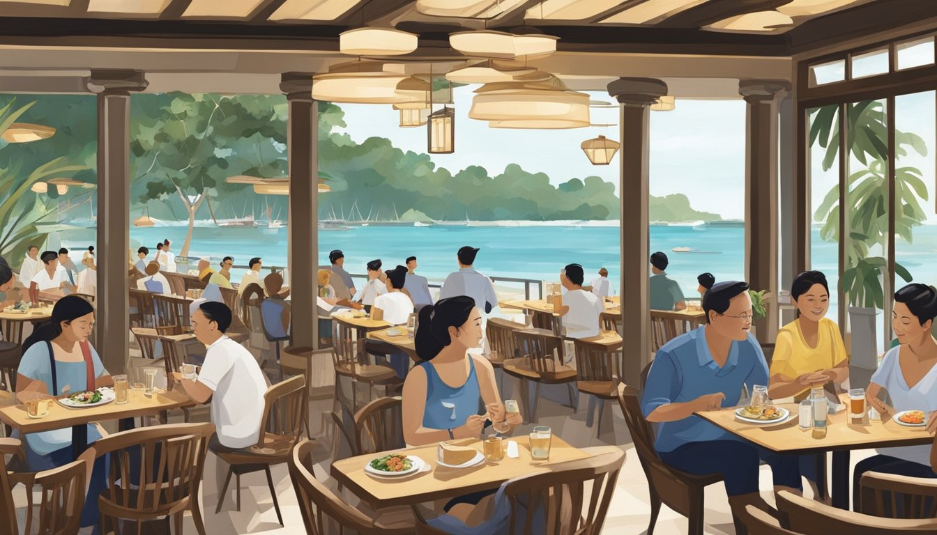 The beach restaurant at Sentosa is bustling with activity as guests enjoy the ocean view and delicious food. The waitstaff is busy attending to tables, and the sound of waves provides a soothing backdrop