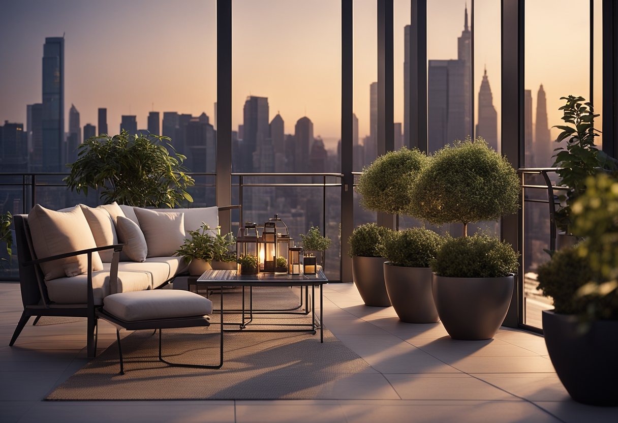 A spacious balcony with modern furniture and potted plants overlooking a city skyline at sunset. An elegant railing and ambient lighting complete the design