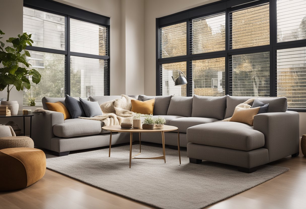 An L-shaped sofa sits in a cozy living room, adorned with plush cushions and a throw blanket. The room is bathed in warm, natural light streaming in from a large window