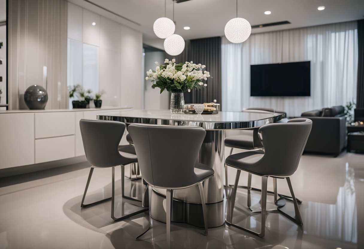 A sleek silver table and chairs gleam in a modern Singaporean living room, with a minimalist design and clean lines