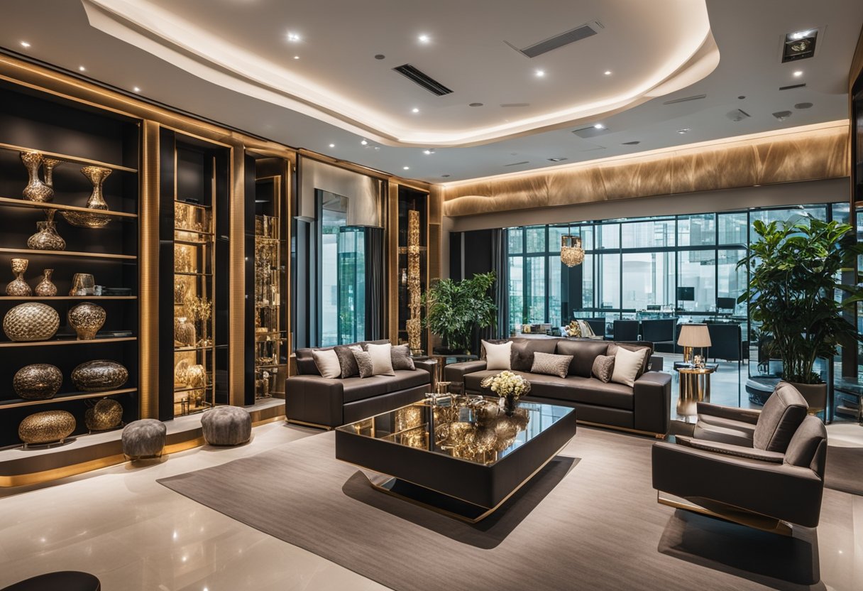 Luxurious showroom with elegant, custom-made furniture from top Singaporean brands. Rich textures, intricate designs, and exquisite craftsmanship on display