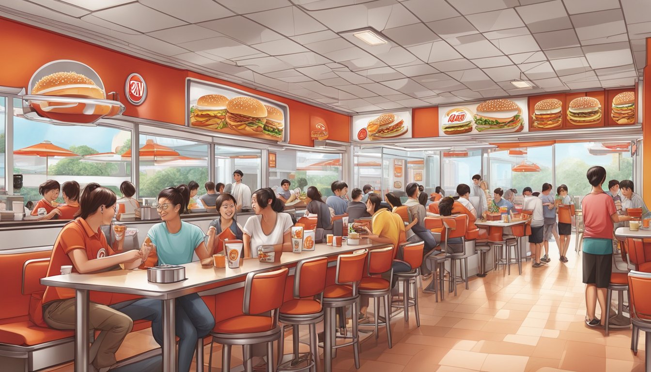 The bustling A&W restaurant in Singapore, with its iconic red and white decor, filled with customers enjoying their favorite fast food meals