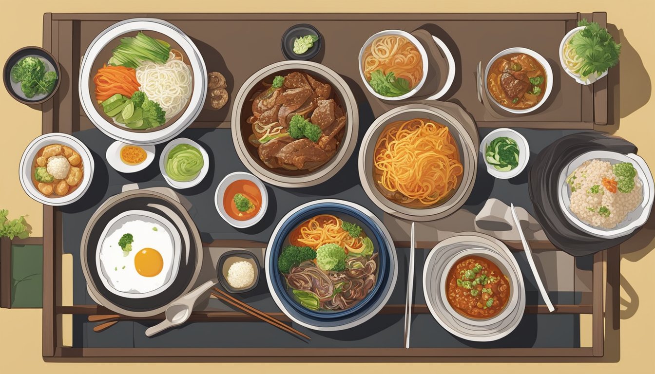 A table set with traditional Korean dishes at Woorinara Korean Restaurant