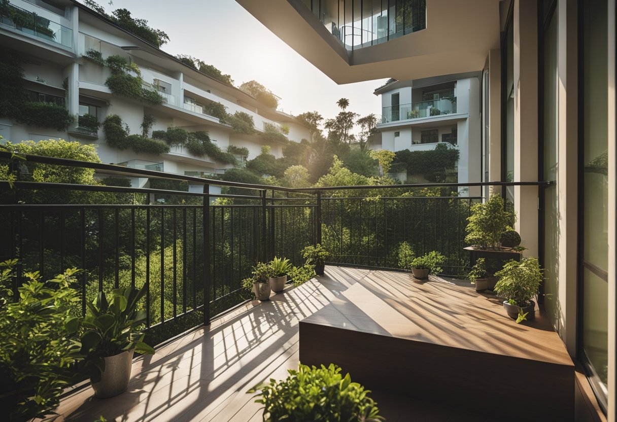A spacious balcony with high walls and latticework, surrounded by lush greenery for added privacy and protection
