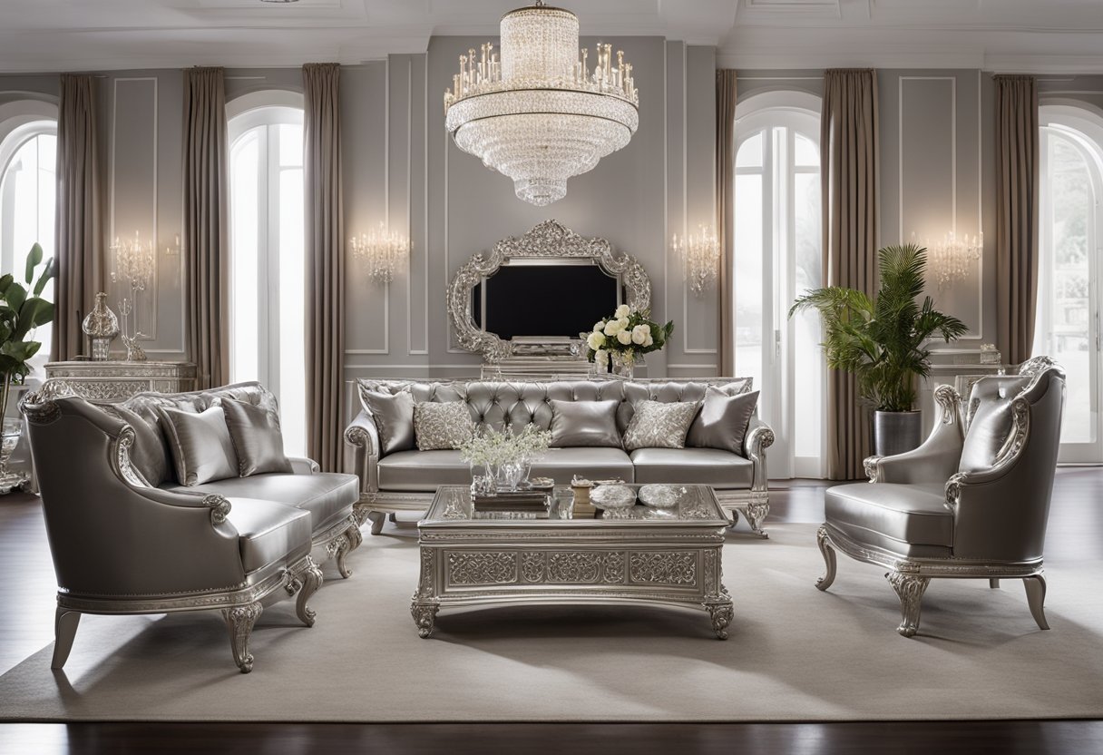 A gleaming silver furniture set displayed in a well-lit showroom, showcasing intricate details and elegant designs