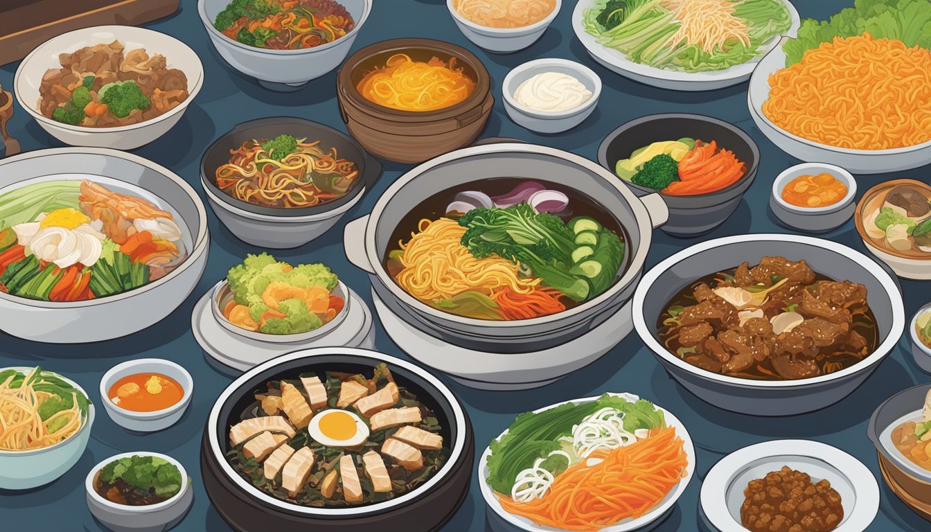 The vibrant and bustling atmosphere of Woorinara Korean restaurant, with sizzling hotpots, colorful banchan dishes, and steaming bowls of bibimbap