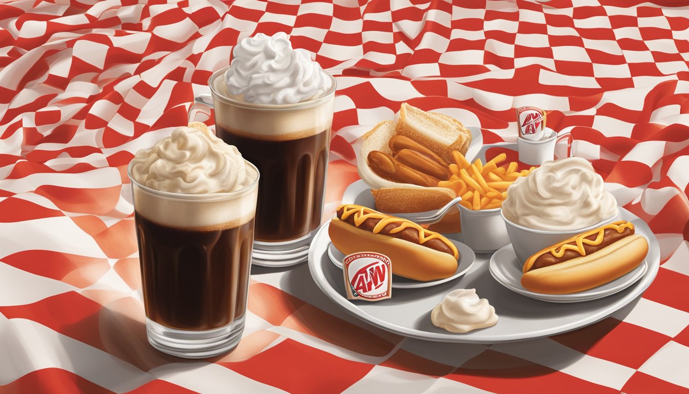 A&W's iconic root beer floats and coney dogs displayed on a red checkered tablecloth