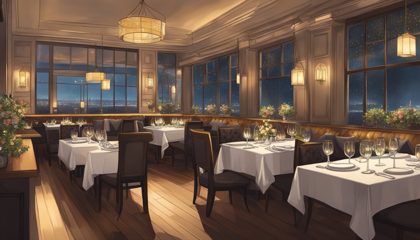 A bustling restaurant with elegant decor, dim lighting, and a cozy ambiance. Tables are set with crisp linens and sparkling glassware, while the open kitchen emits tantalizing aromas