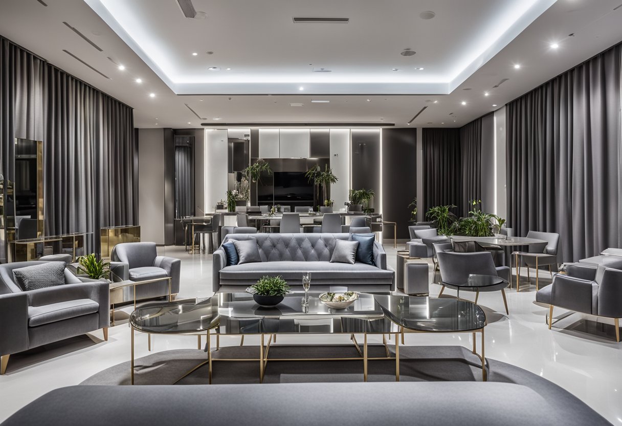 A sleek silver furniture showroom in Singapore, with modern designs and a minimalist aesthetic. Bright lighting highlights the polished surfaces and clean lines