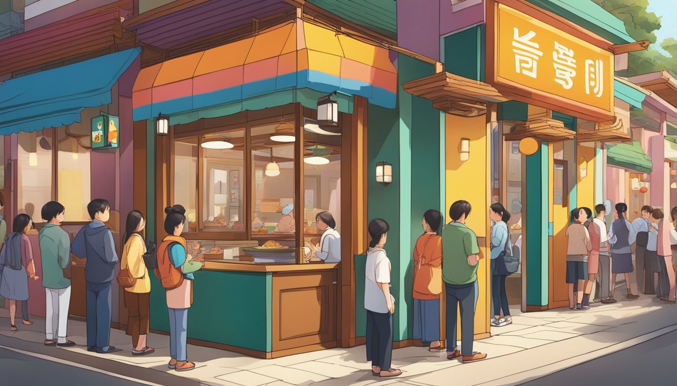 Customers line up outside the colorful Korean restaurant, as the aroma of sizzling meats and savory spices wafts through the air. A sign displaying "Frequently Asked Questions" catches the eye, drawing people in