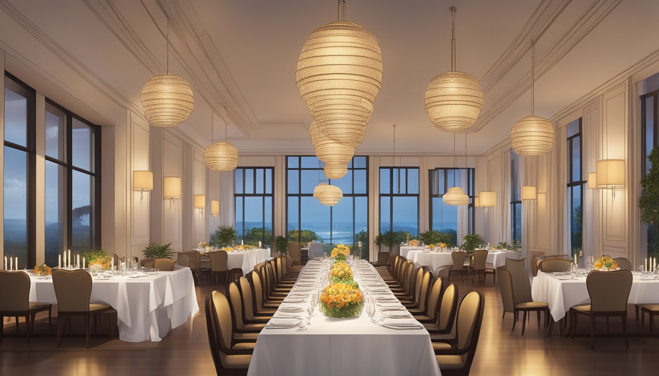 The warm glow of pendant lights illuminates the elegant dining area. Tables are set with pristine white linens and gleaming silverware, while attentive servers move gracefully among the guests