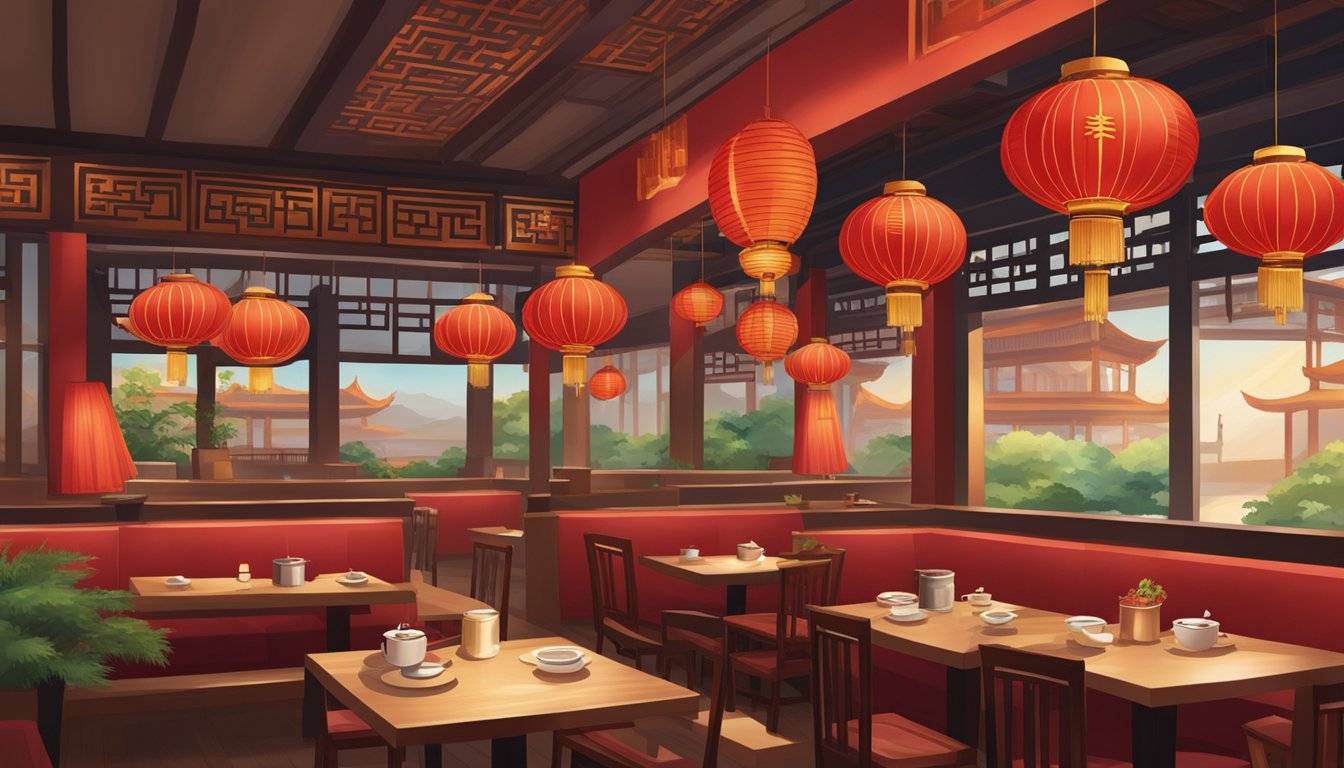 The Chinese restaurant buzzes with chatter and clinking dishes. Aromas of soy sauce and sizzling woks fill the air. Lanterns and red decor create a warm, inviting ambiance