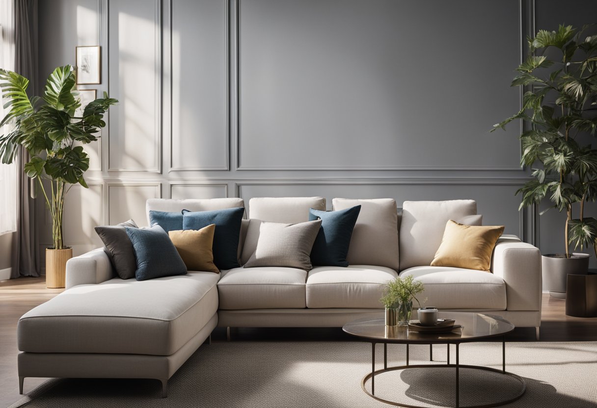 An L-shaped sofa in a modern living room, with a sleek design and comfortable cushions. The room is well-lit with natural light, and there are decorative pillows on the sofa