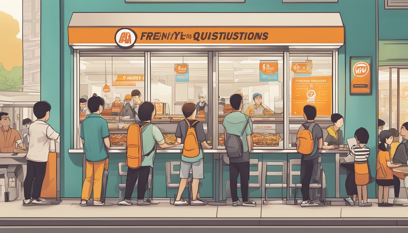 Customers lining up at A&W Restaurant in Singapore, with a prominent "Frequently Asked Questions" sign displayed