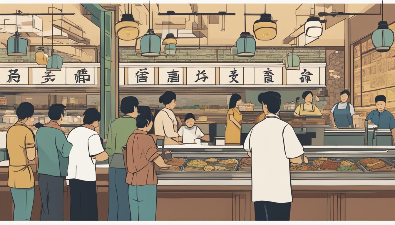Customers line up at a bustling Chinese restaurant. A sign reads "Frequently Asked Questions" in bold lettering. A server takes orders at the counter