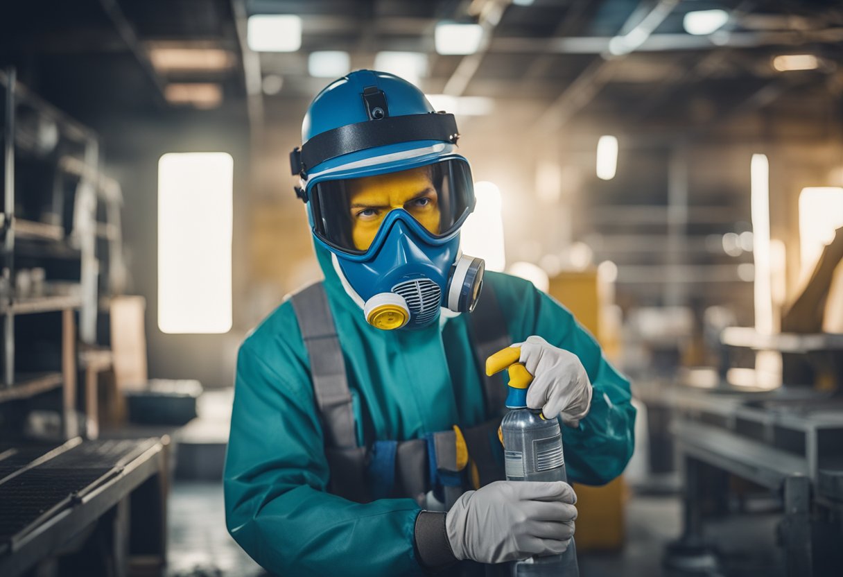 A person spray paints furniture in a well-ventilated area, wearing protective gear and using a variety of colors on different pieces