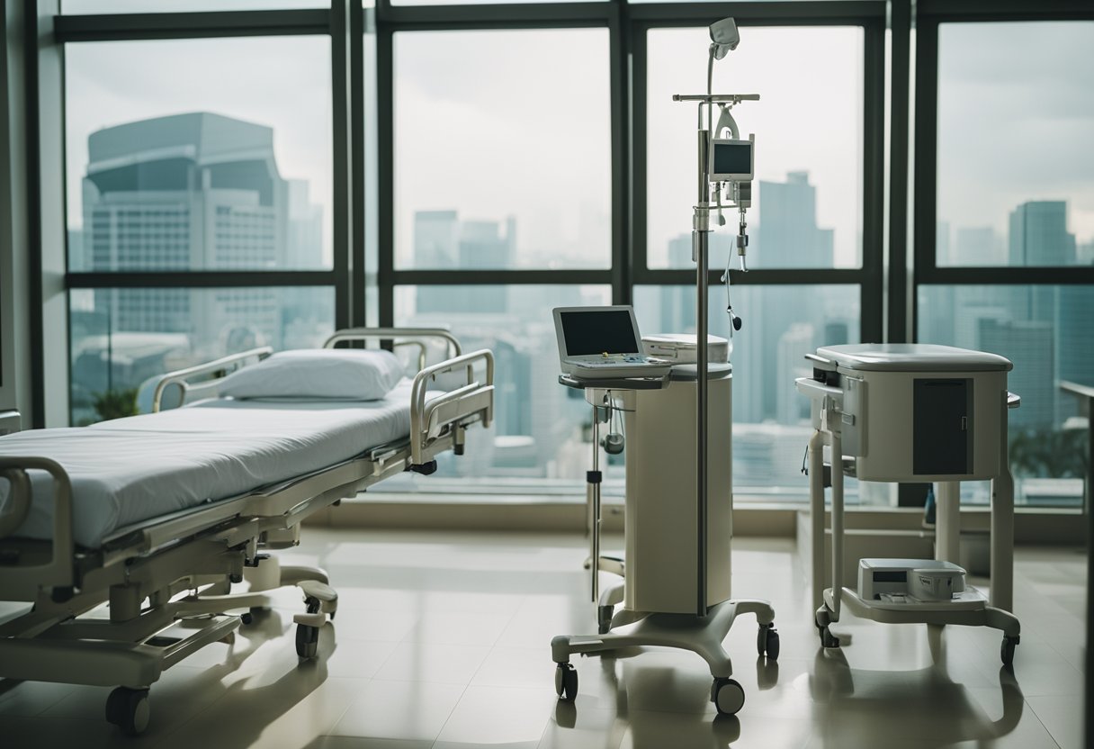 A hospital room in Singapore with a bed, bedside table, IV stand, and medical equipment