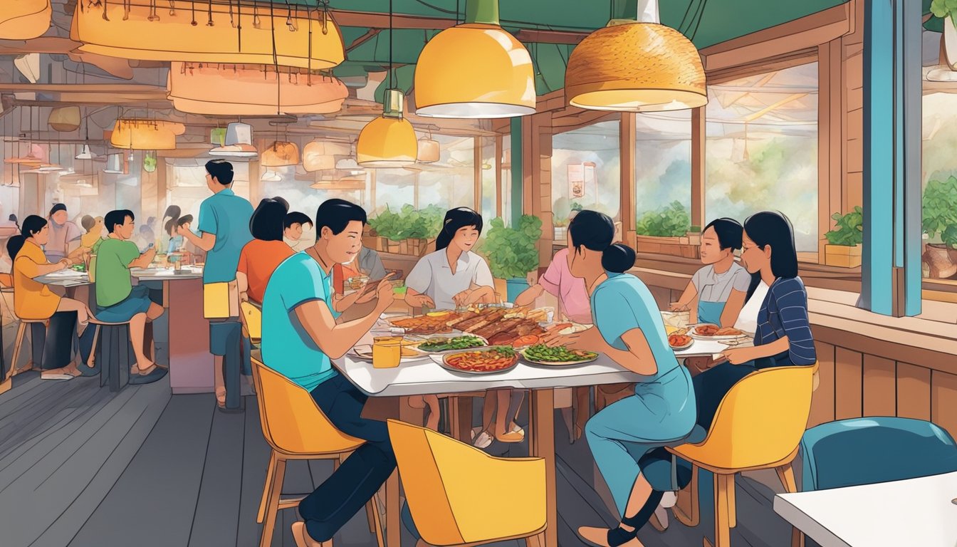 Customers enjoying a variety of grilled meats and seafood at a lively BBQ restaurant in Singapore. The aroma of sizzling food fills the air, while colorful sauces and condiments adorn the tables