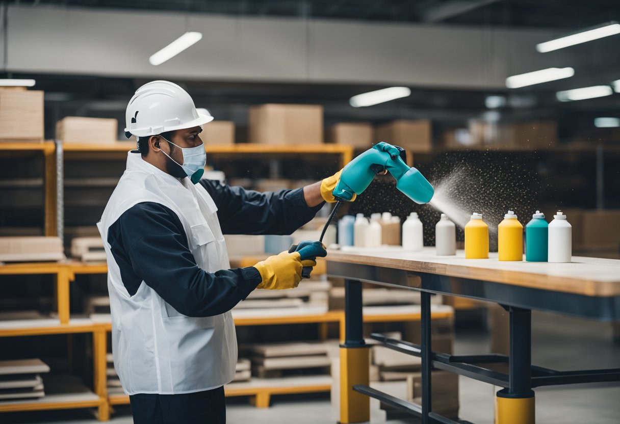 A skilled worker efficiently spray paints furniture in a professional setting