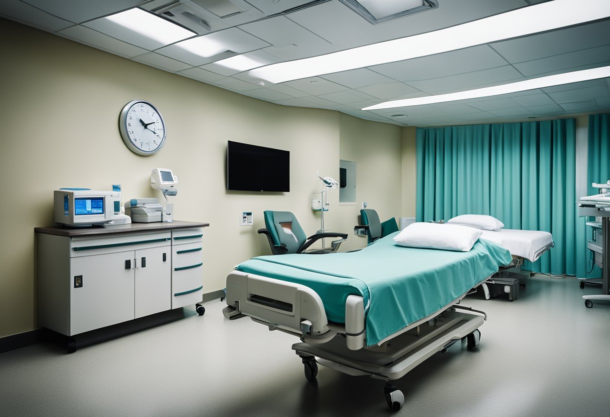 A hospital room with modern, clean furniture that meets safety standards. Materials include metal, plastic, and cushioned surfaces