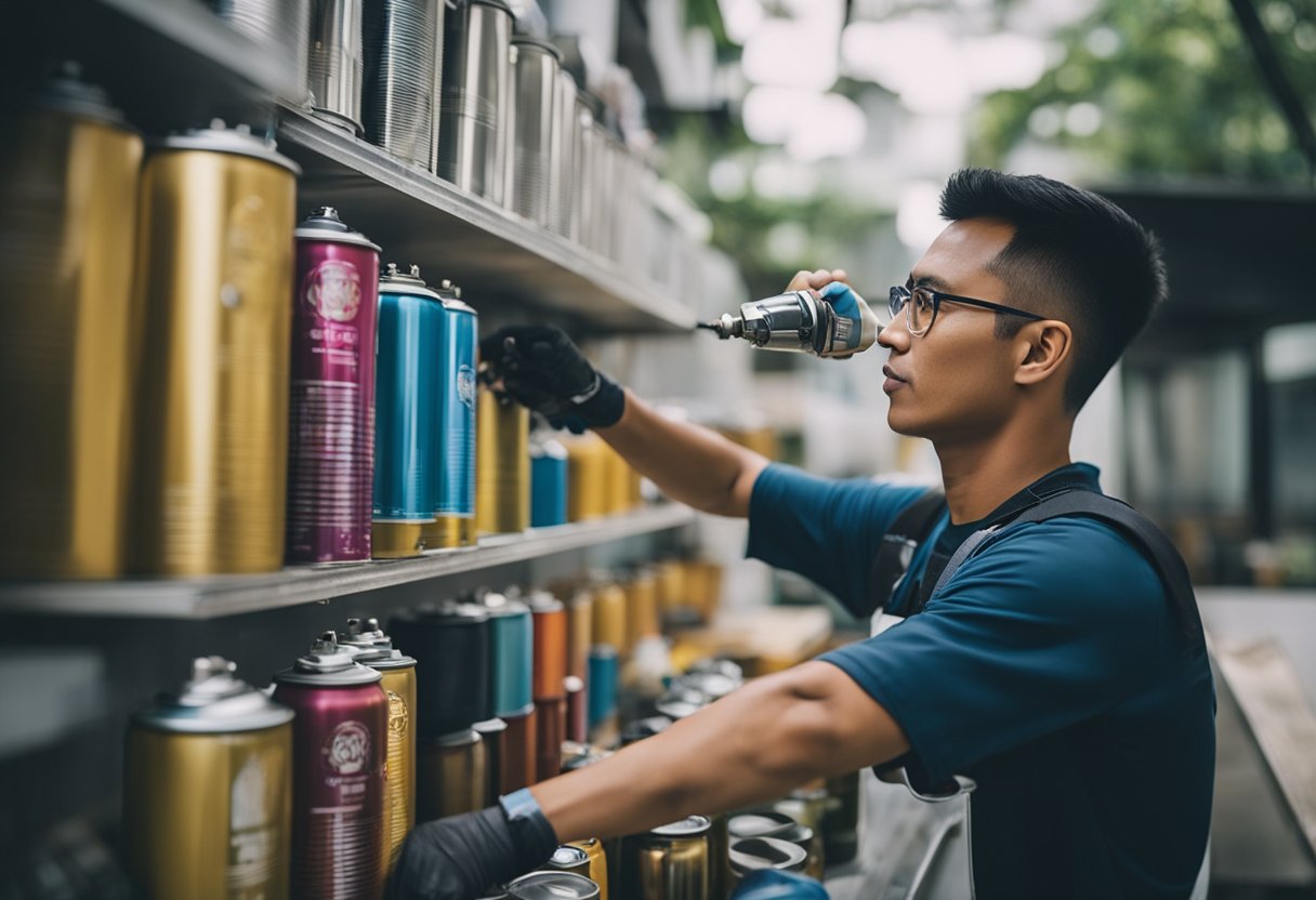 A person spray painting furniture in Singapore, surrounded by cans and equipment