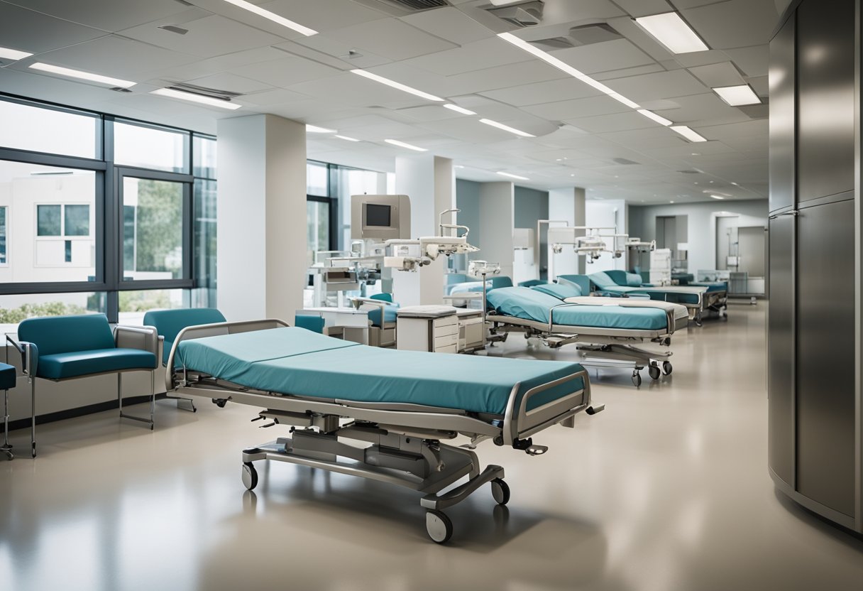Hospital furniture displayed in a well-lit showroom, including beds, chairs, and tables. Clear signage and organized layout for easy browsing