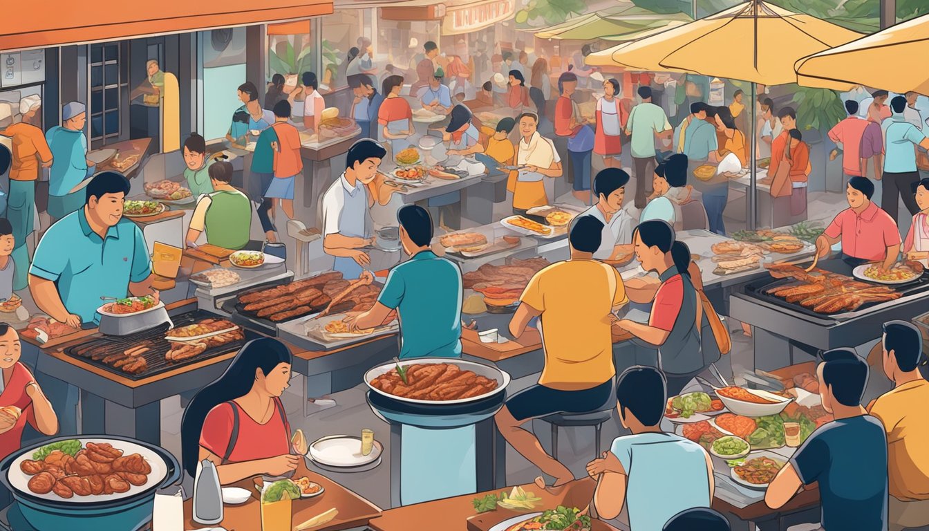 Customers enjoying sizzling meats and seafood on open grills, surrounded by vibrant, bustling BBQ restaurants in Singapore