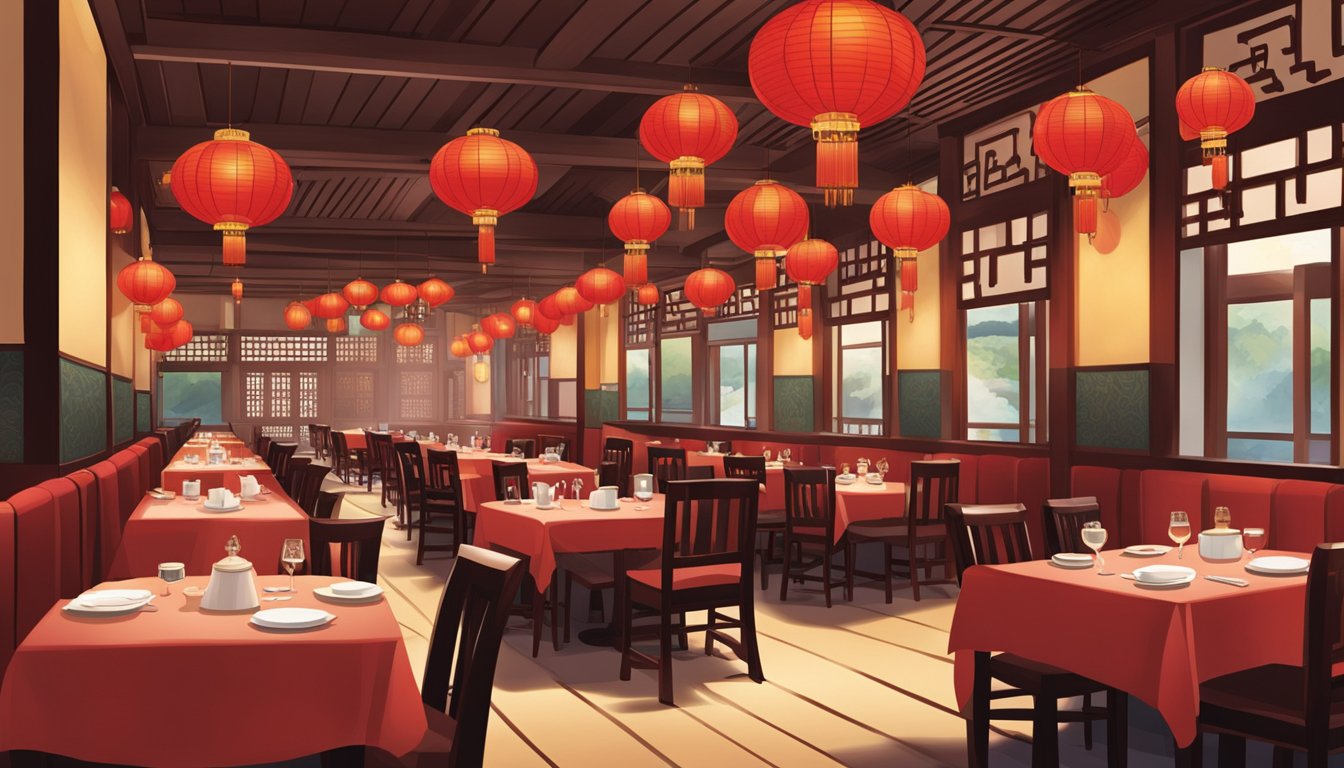 The Takashimaya Chinese restaurant bustles with diners. Red lanterns hang from the ceiling, casting a warm glow over the traditional wooden tables and elegant decor