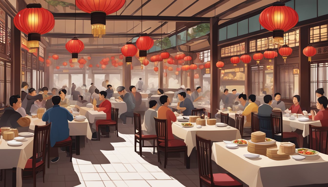 A bustling Chinese restaurant with red lanterns, round tables, and steaming dim sum carts
