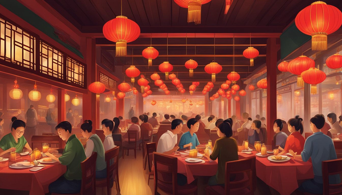 A bustling restaurant with traditional Chinese decor, filled with the aroma of sizzling stir-fries and savory dumplings. Red lanterns hang from the ceiling, casting a warm glow over the lively atmosphere