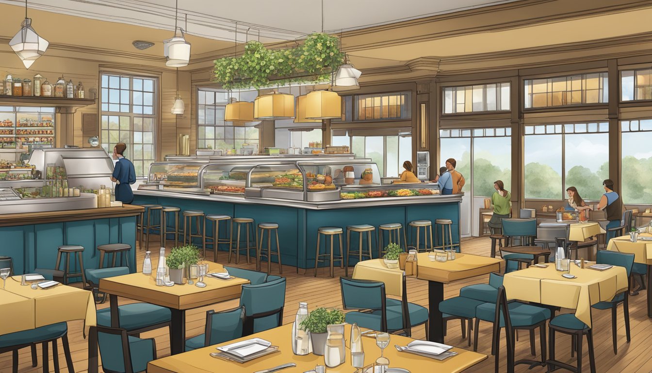 A bustling restaurant with a "Plan Your Visit" pin on the hostess stand. Tables are set, and the aroma of food fills the air