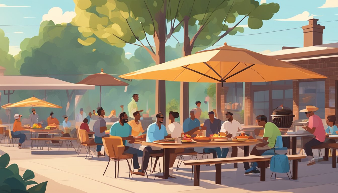 A sunny outdoor patio with picnic tables, umbrellas, and a grill sizzling with delicious BBQ meats. People chat and laugh while enjoying their food and drinks