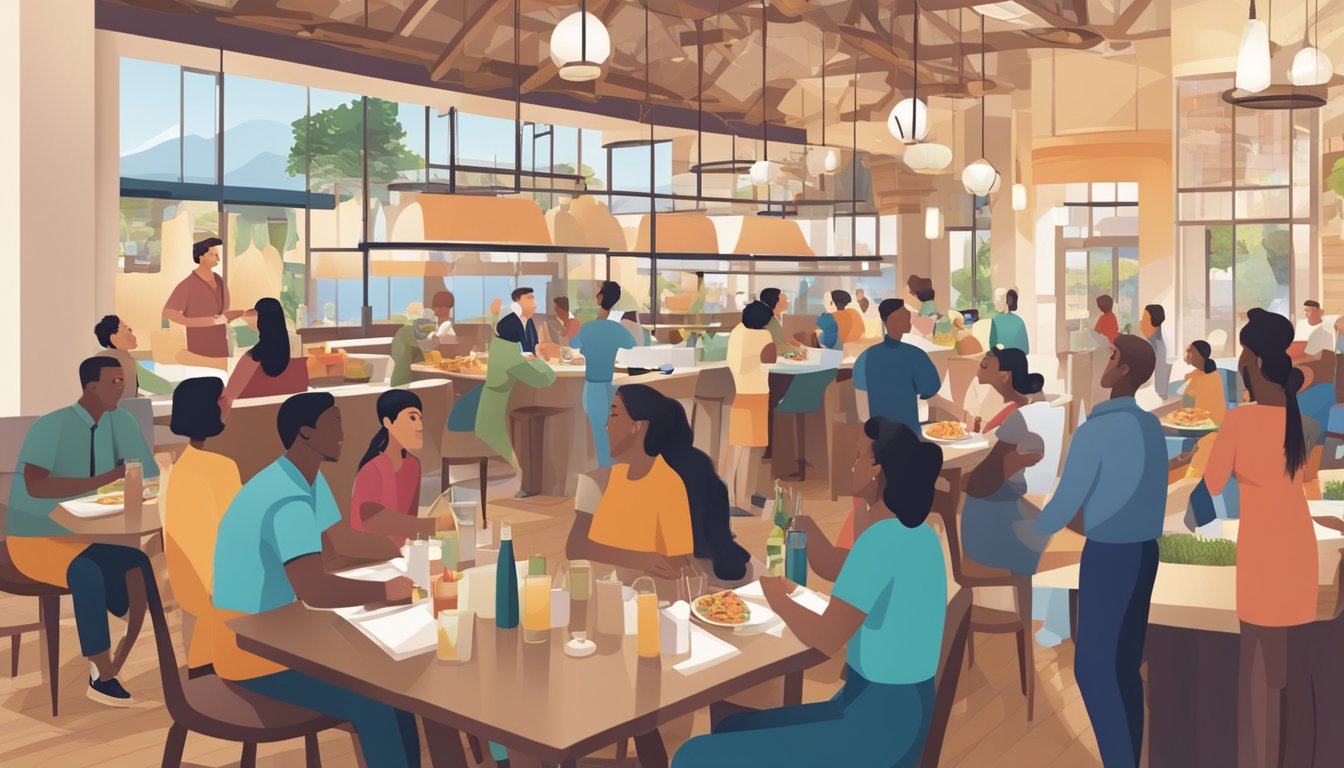 A bustling restaurant with a prominent "Frequently Asked Questions" pin displayed at the entrance. Customers and staff engage in lively conversation
