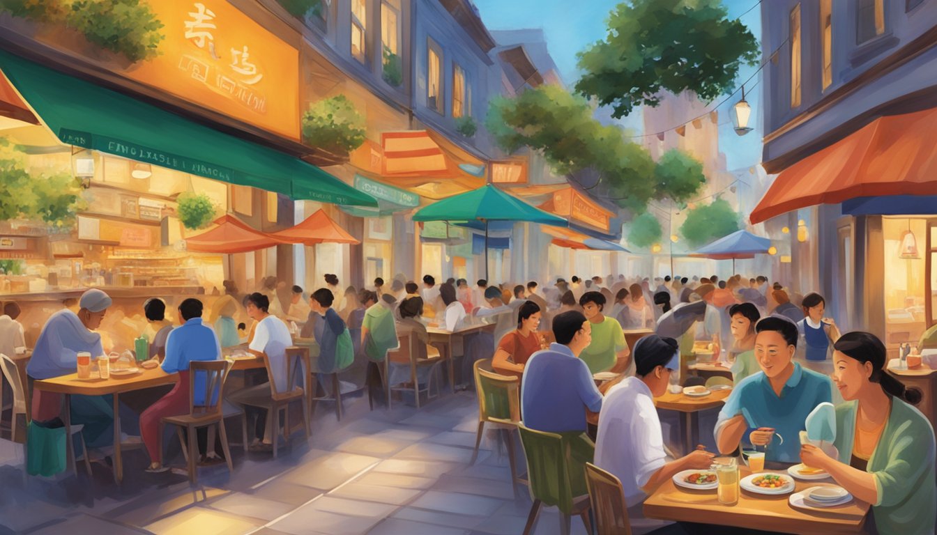Colorful signs line the bustling street, enticing aromas waft from open kitchen windows, as diners savor steaming bowls of noodles and fragrant dishes at outdoor tables